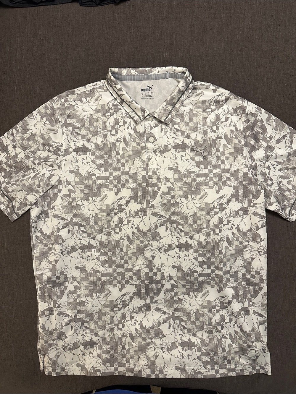 Puma Men’s White and Gray Floral-Check Polo